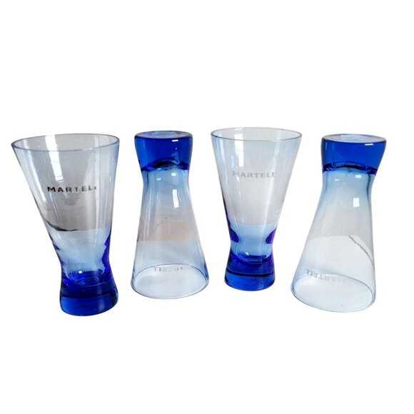 Set Of 4 Martell Cognac Etched Cobalt Blue Cocktail Glasses 9oz Von Pok - Picture 2 of 9